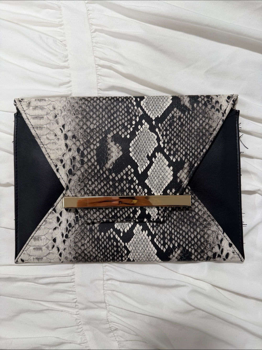 Python-Print Black & White Envelope Clutch with Gold Bar